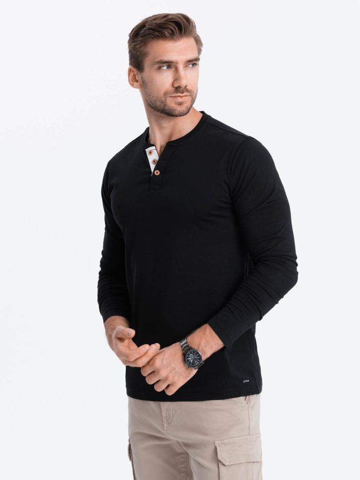Ombre Clothing Pánské tričko s dlouhým rukávem Henley černá