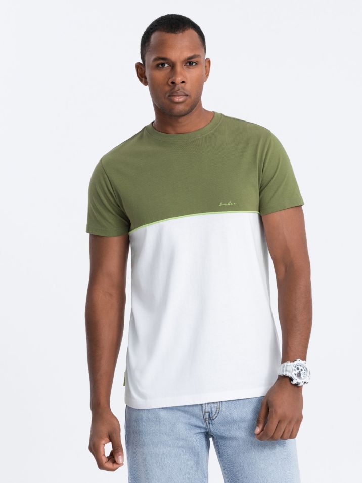 Ombre Clothing Pánské tričko s krátkým rukávem Eliaullech khaki-bílá