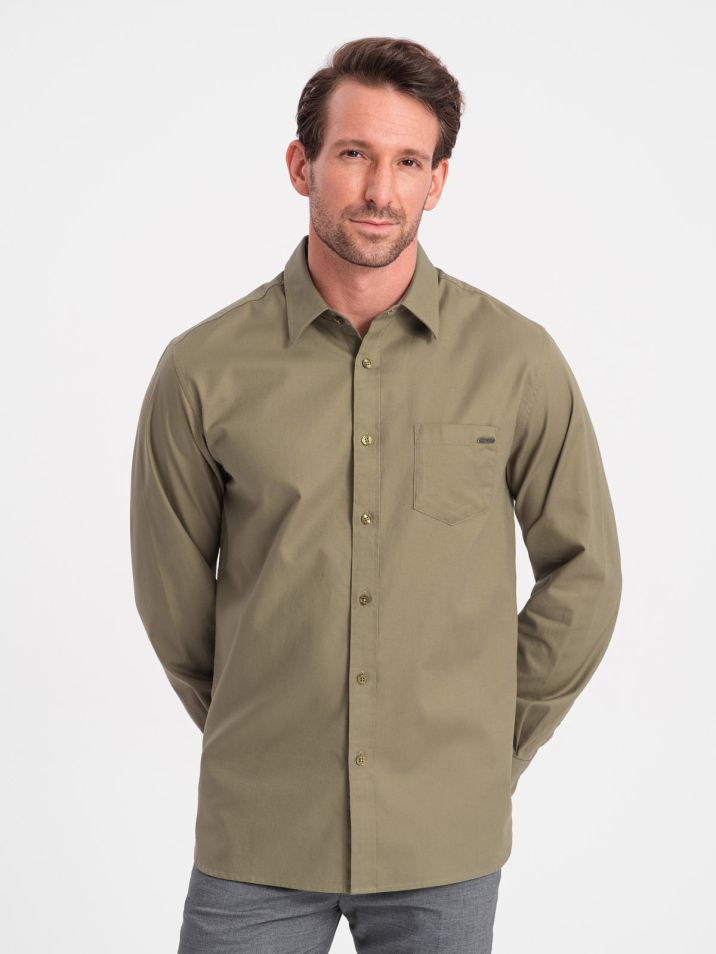 Ombre Clothing Pánská košile s dlouhým rukávem Vulmer olivová