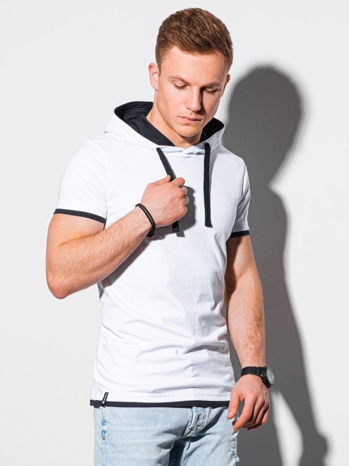 Ombre Clothing Pánské basic tričko s kapucí Ingeborg bílá