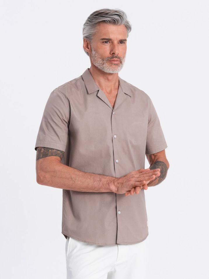 Ombre Clothing Pánská košile s krátkým rukávem Nisedes tmavě béžová
