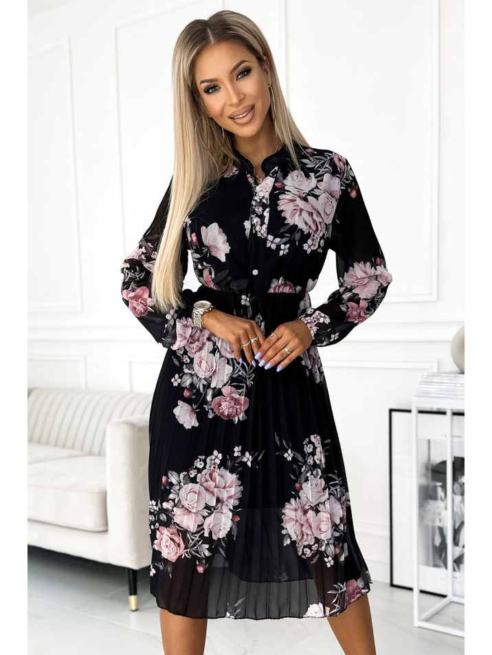 Numoco Dámské květované šaty Carla černo-růžová