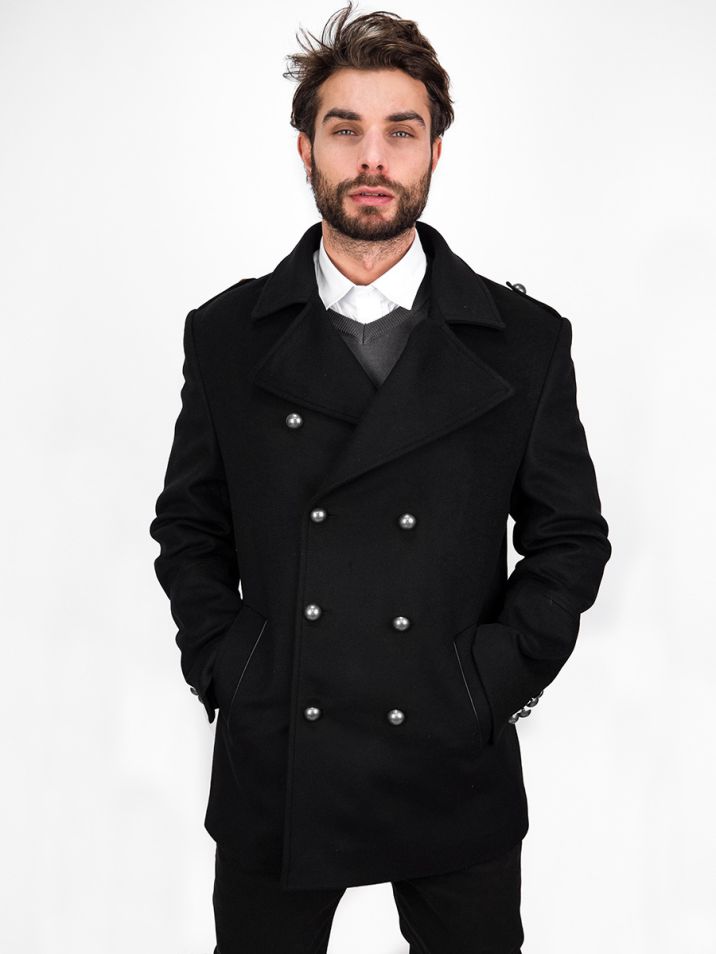 Zapana Pánský vlněný kabát s příměsí kašmíru Emile černý s černými knoflíky